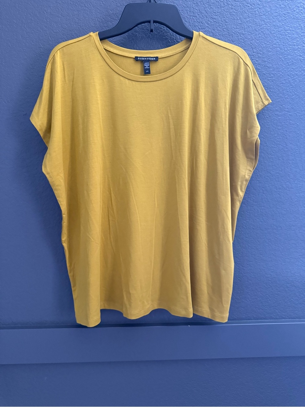 EILEEN FISHER • Fine Jersey Square Top mustard golden yellow short sleeve Large